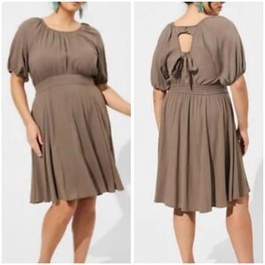 Torrid Skater Mini Dress Slub Puff Sleeve Brown Size 1X 14/16